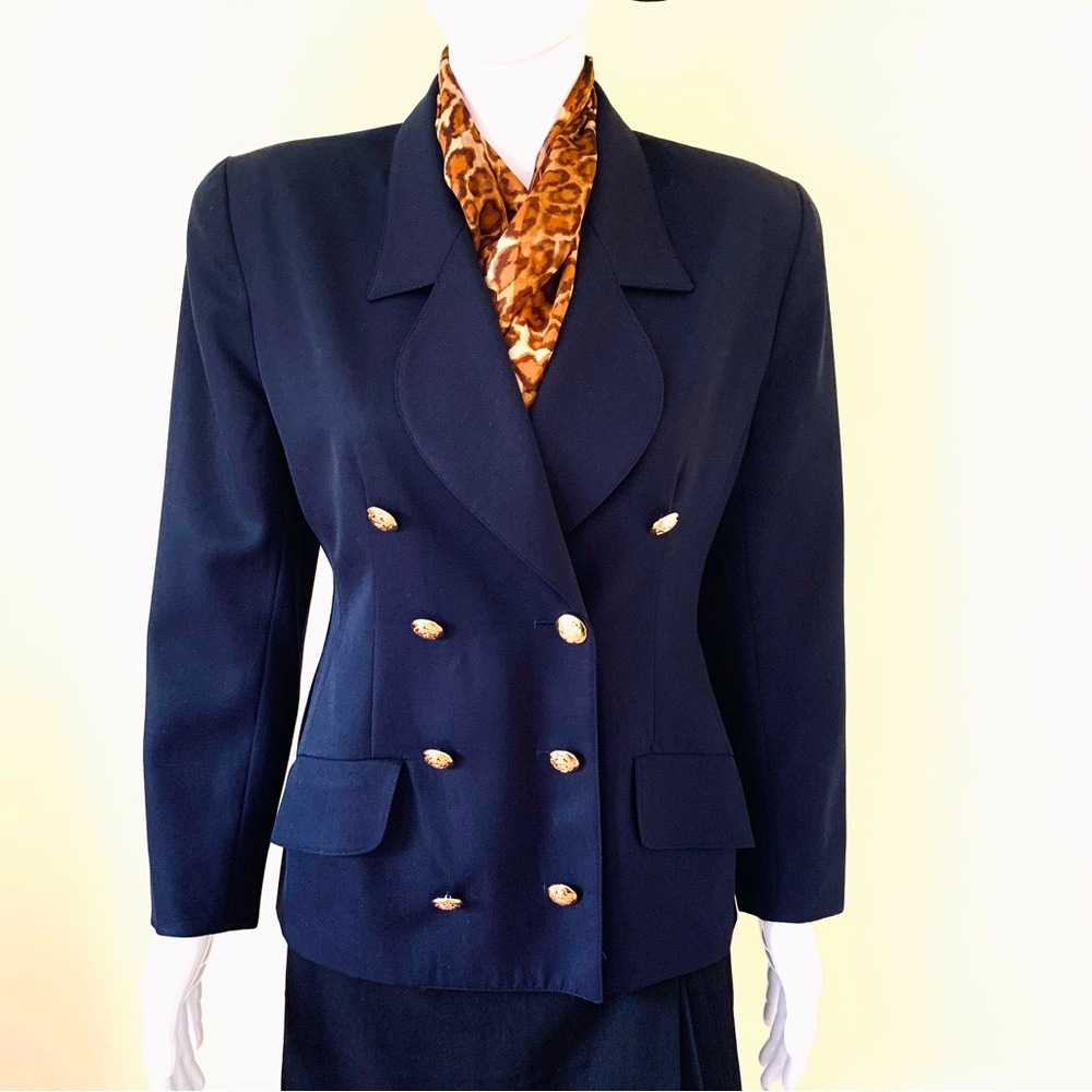 Navy blue pure virgin wool long blazer double breasted collar gold metal buttons